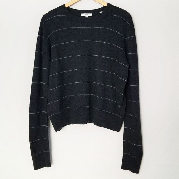 Vince Stripe Fitted 100% Cashmere Crewneck Sweater Charcoal Gray Size XL $345 - Picture 7 of 14